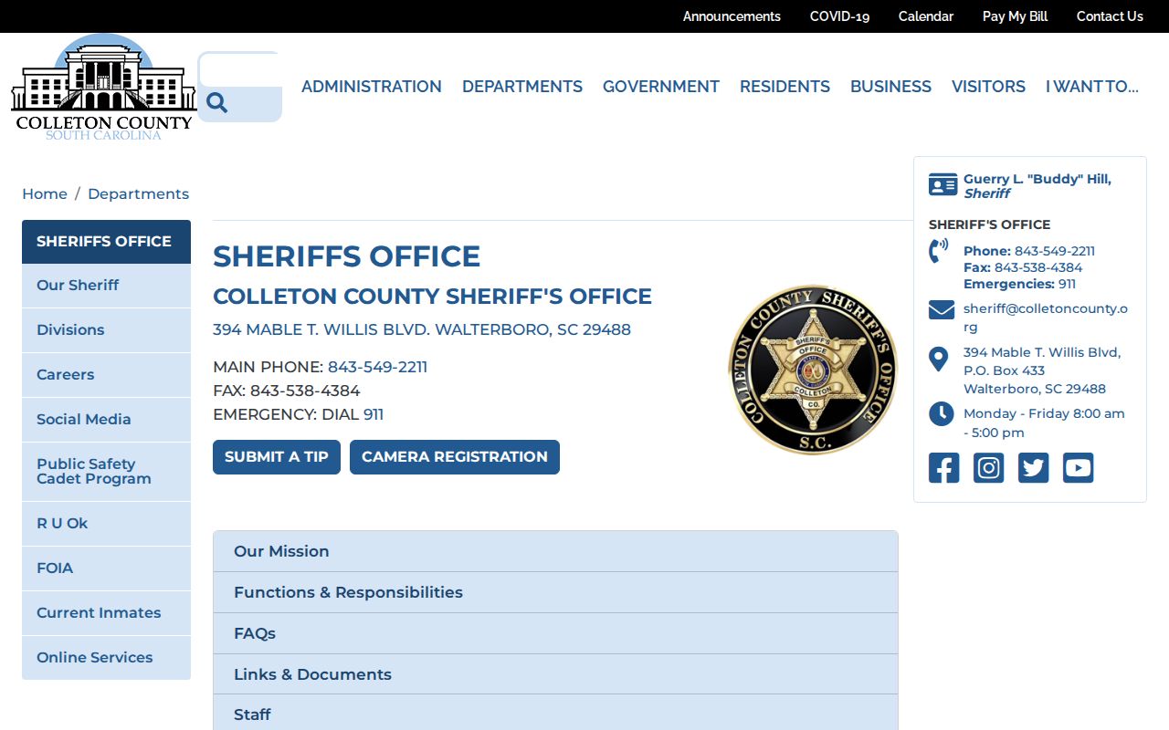 Colleton County arrest search Sheriff office information