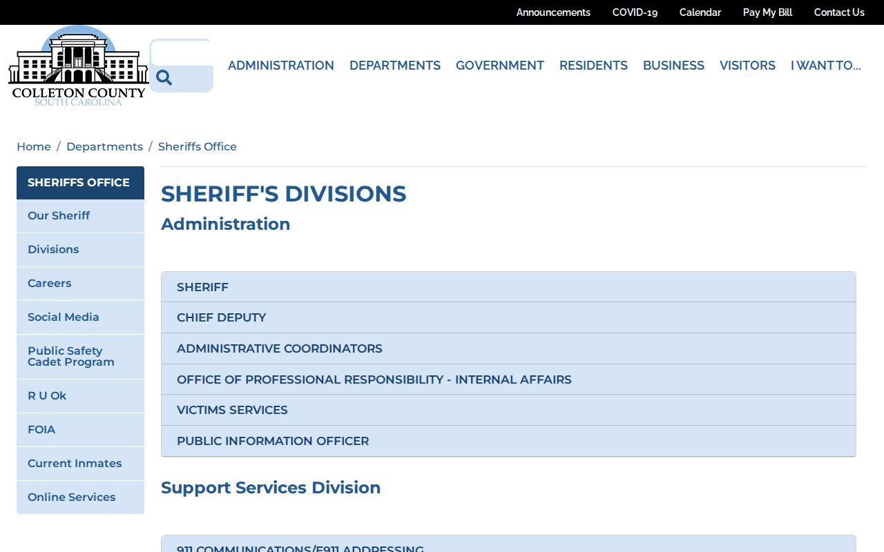 Colleton County arrest records Sheriff divisions page