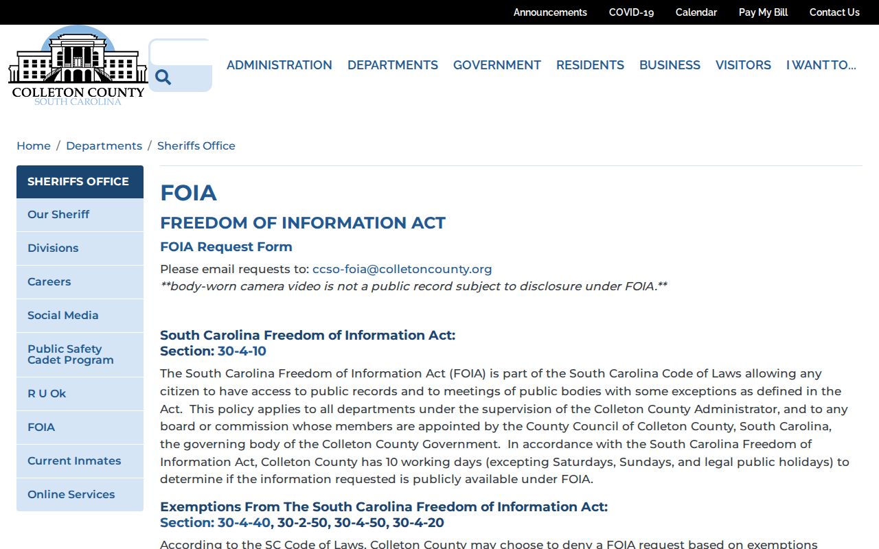 Colleton County arrest report FOIA information