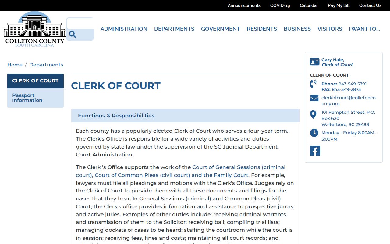Colleton County court case file Clerk of Court information