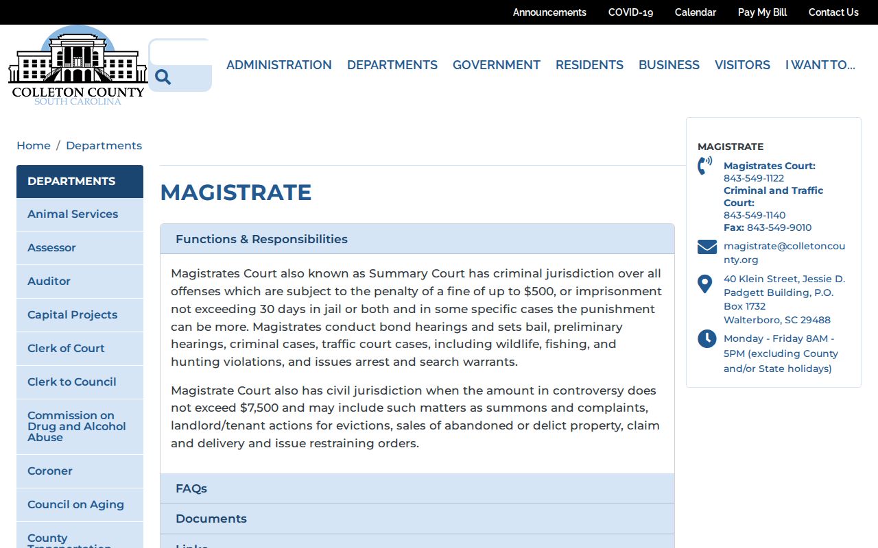 Colleton County criminal court cases Magistrate Court page