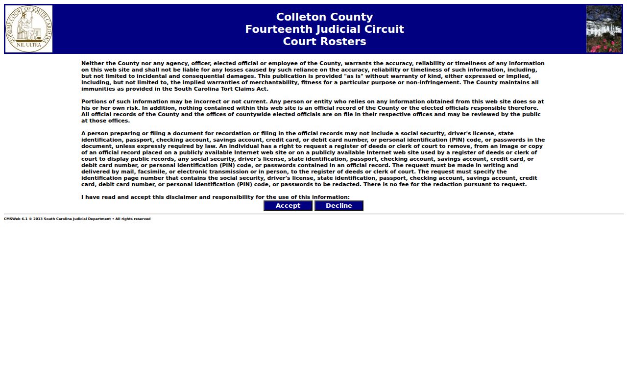 Colleton County criminal court case roster search