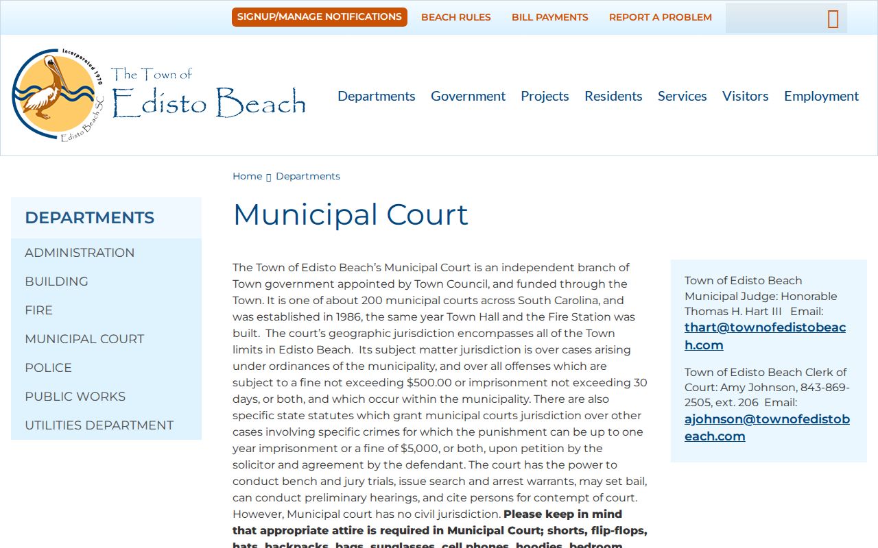 Edisto Beach Municipal Court criminal record access page