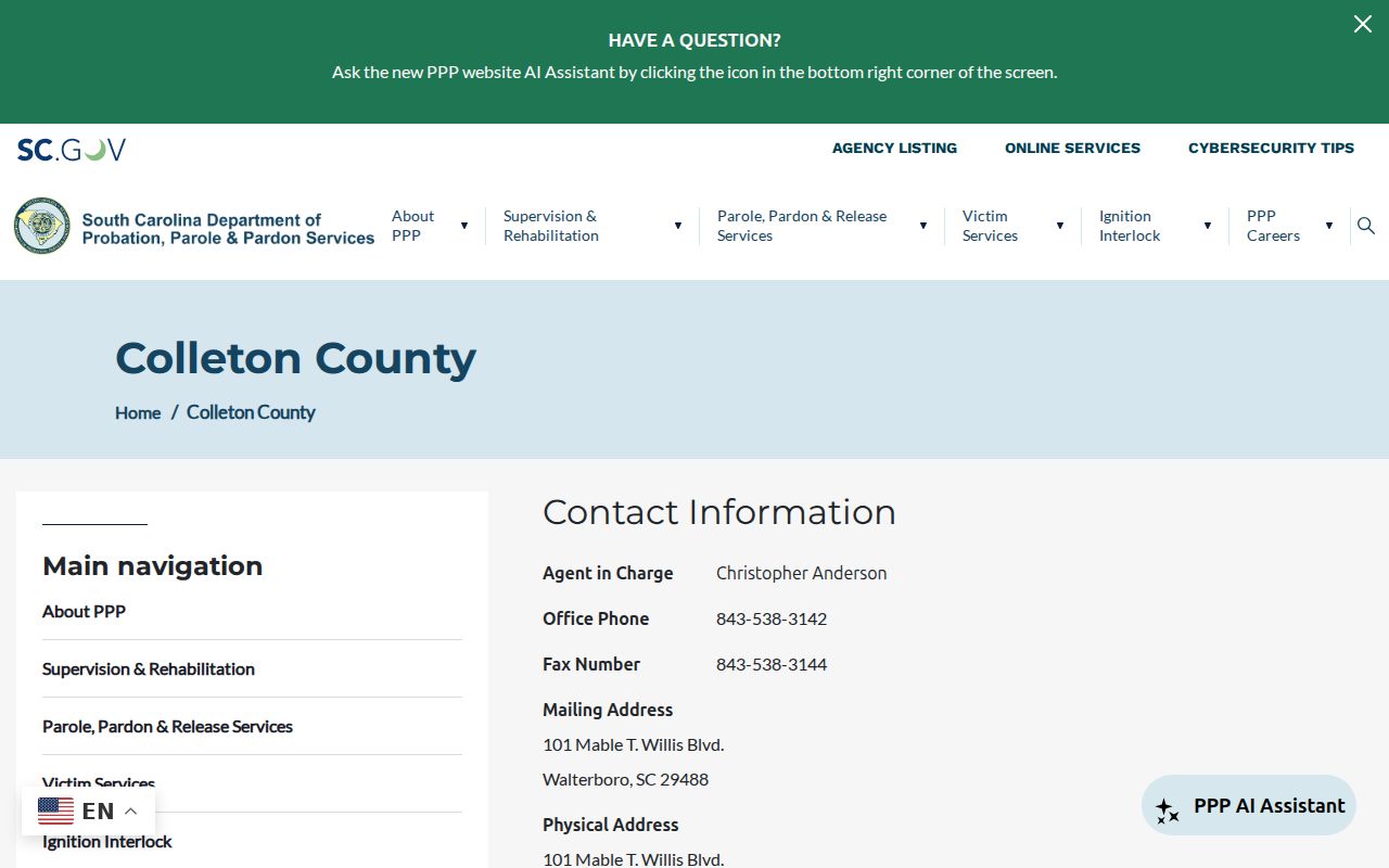 Colleton County probation and parole office record contact